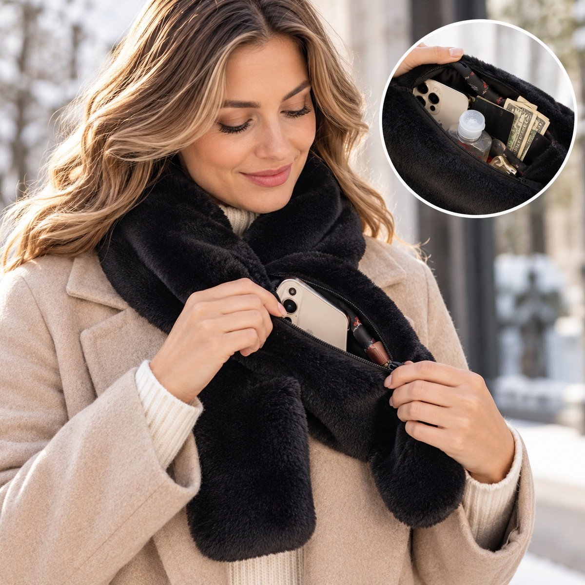 Faux Fur Winter Scarf with Hidden Zip Pocket – main product view