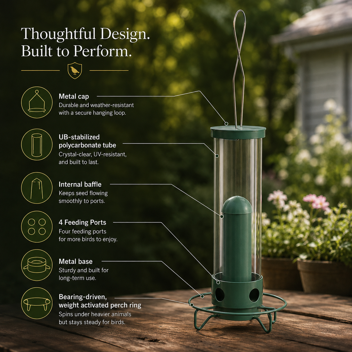 Hanging Bird Feeder with Clear Tube and Circular Perch — product view