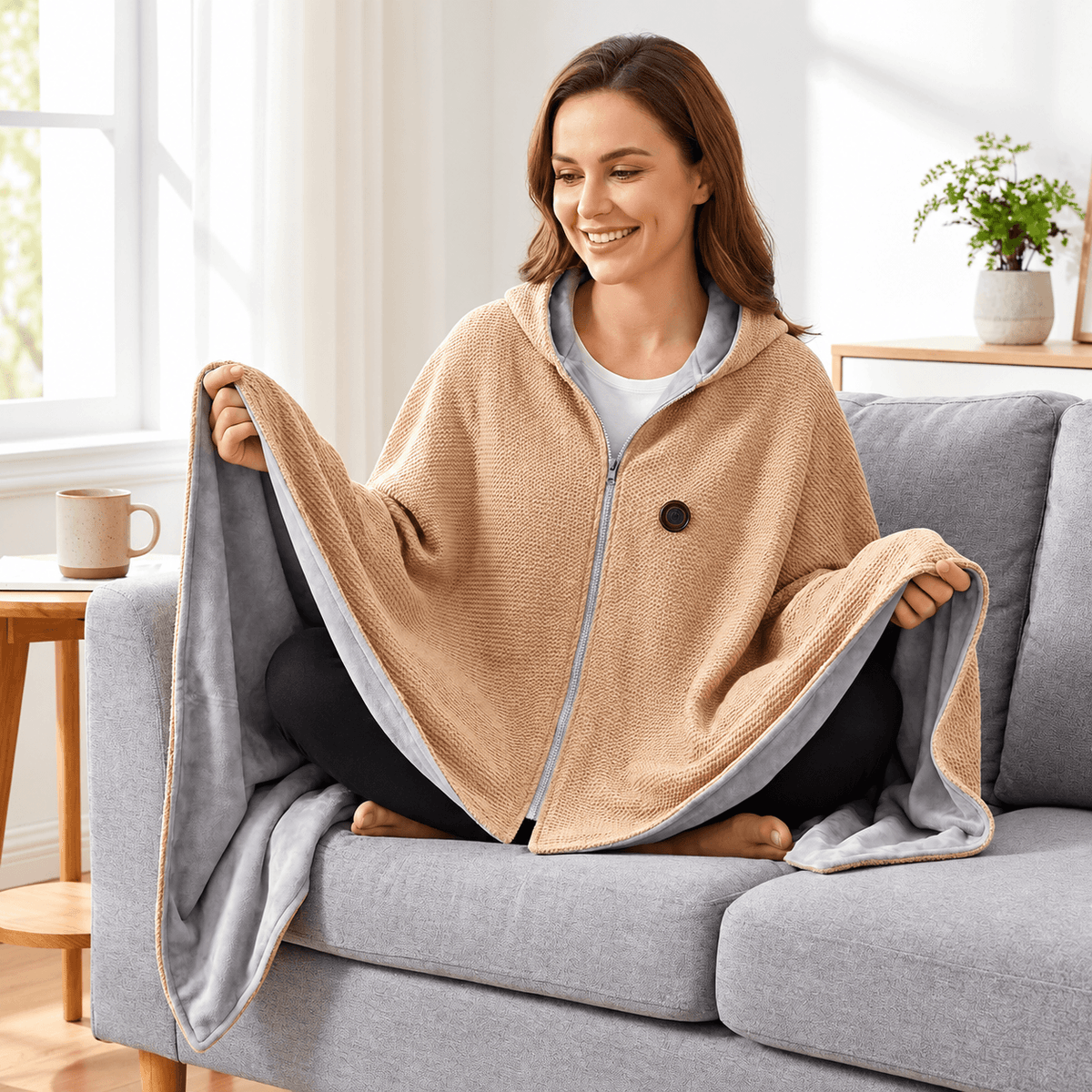 Wearable Heated Blanket Poncho – 3 Heat Settings & 10,000mAh Power Bank Included