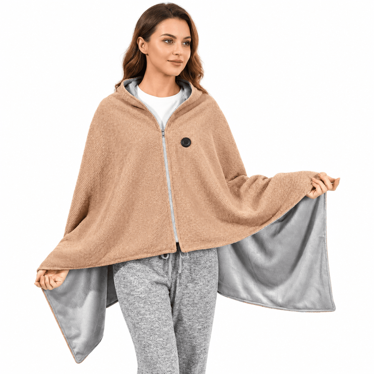 Wearable Heated Blanket Poncho – 3 Heat Settings & 10,000mAh Power Bank Included