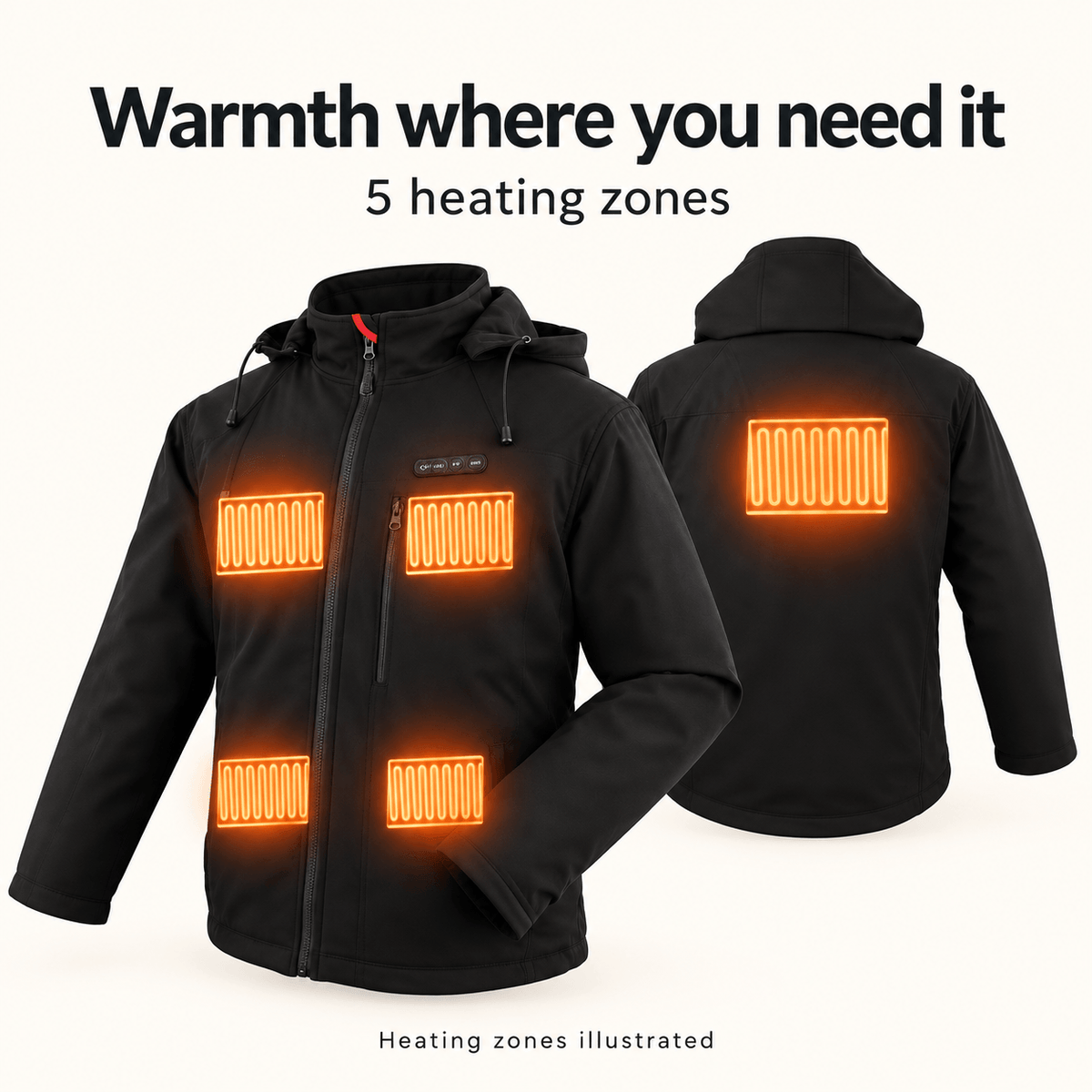 Men’s Heated Hooded Jacket – 5 Heating Zones & 3 Heat Settings