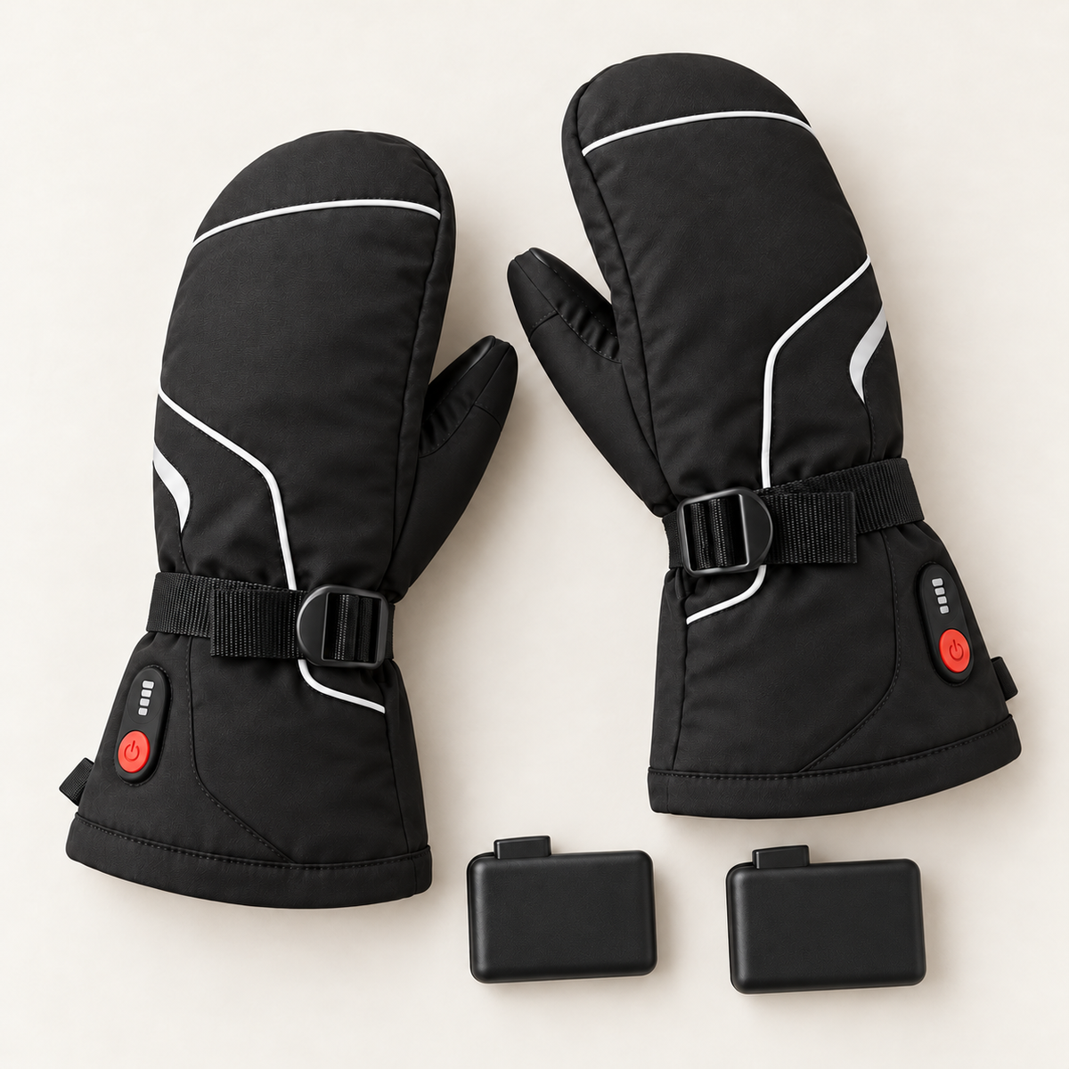 Black rechargeable heated mittens with two included batteries