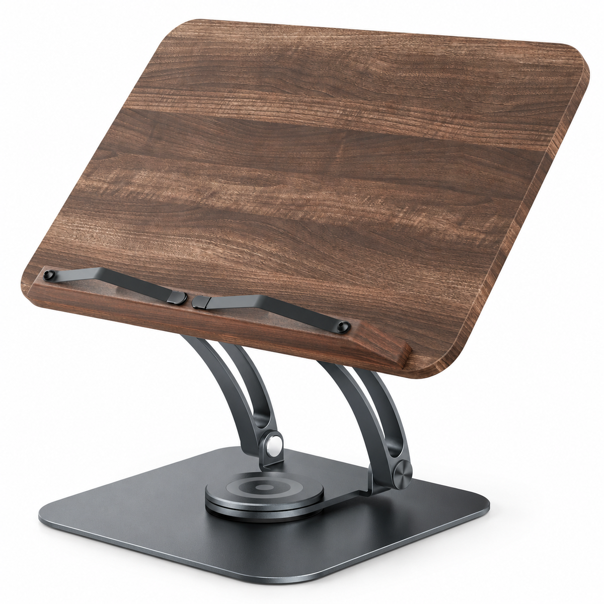 Adjustable dark wood-effect cookbook stand with grey base and page holders on a white background