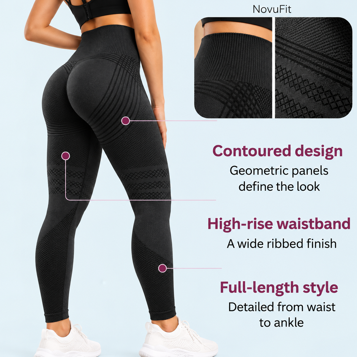 NovuFit Black leggings back design callouts