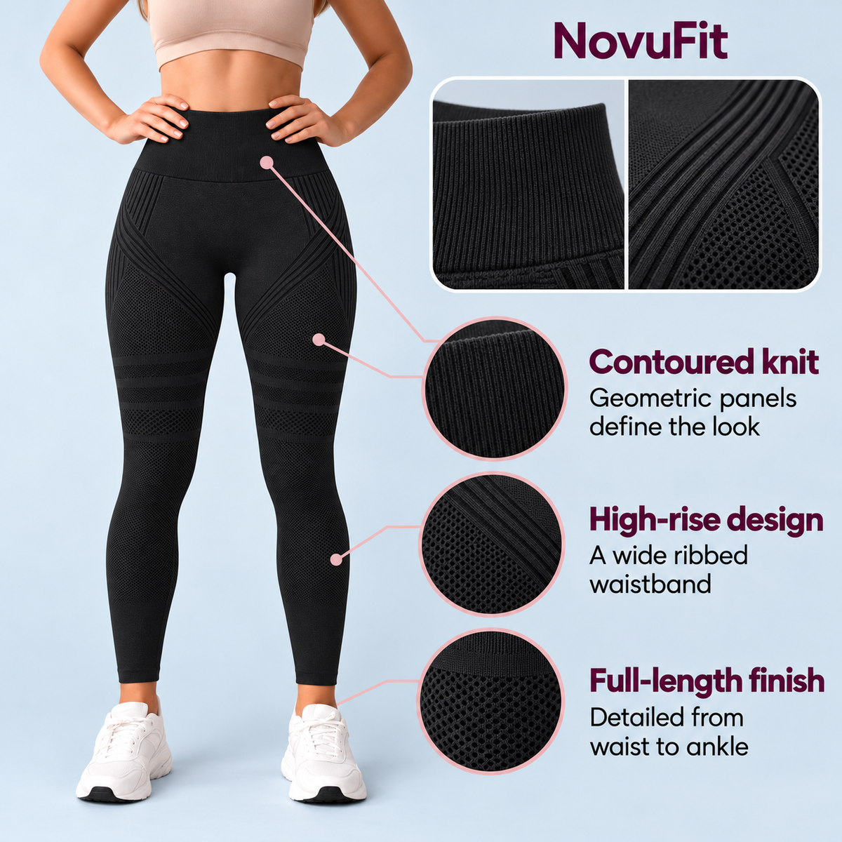 NovuFit Black leggings front view with knit and waistband callouts