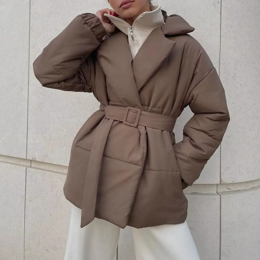 Women’s Belted Puffer Jacket – Padded Wrap Style – front view
