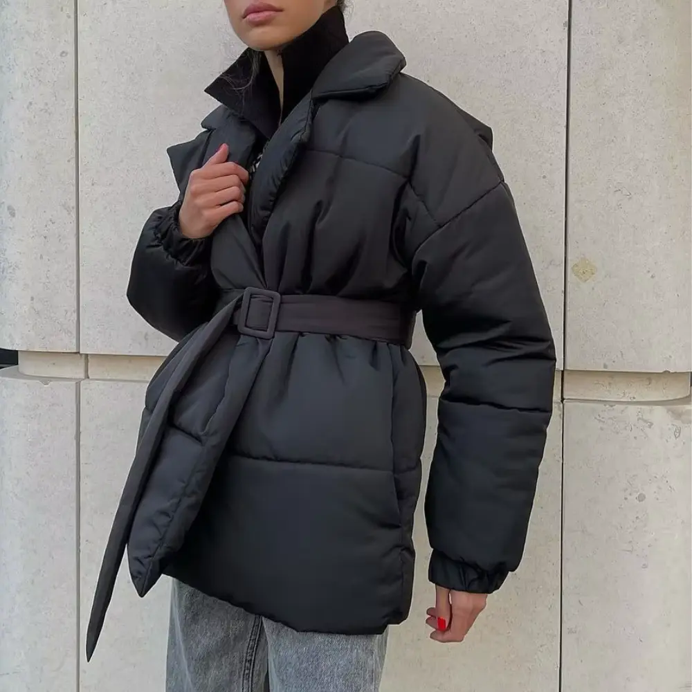 Women’s Belted Puffer Jacket – Padded Wrap Style – product view 3