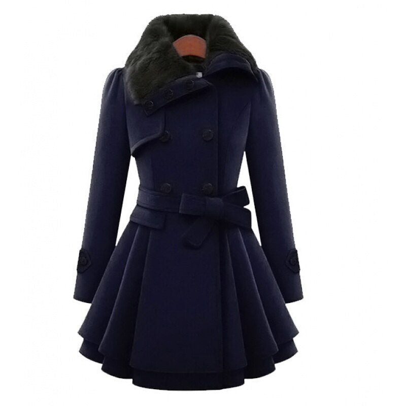 Women’s Faux Fur Collar Belted Coat – Double-Breasted – product view 4