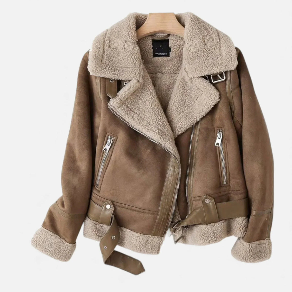 Women’s Faux-Shearling Aviator Jacket – Belted Zip Front – front view
