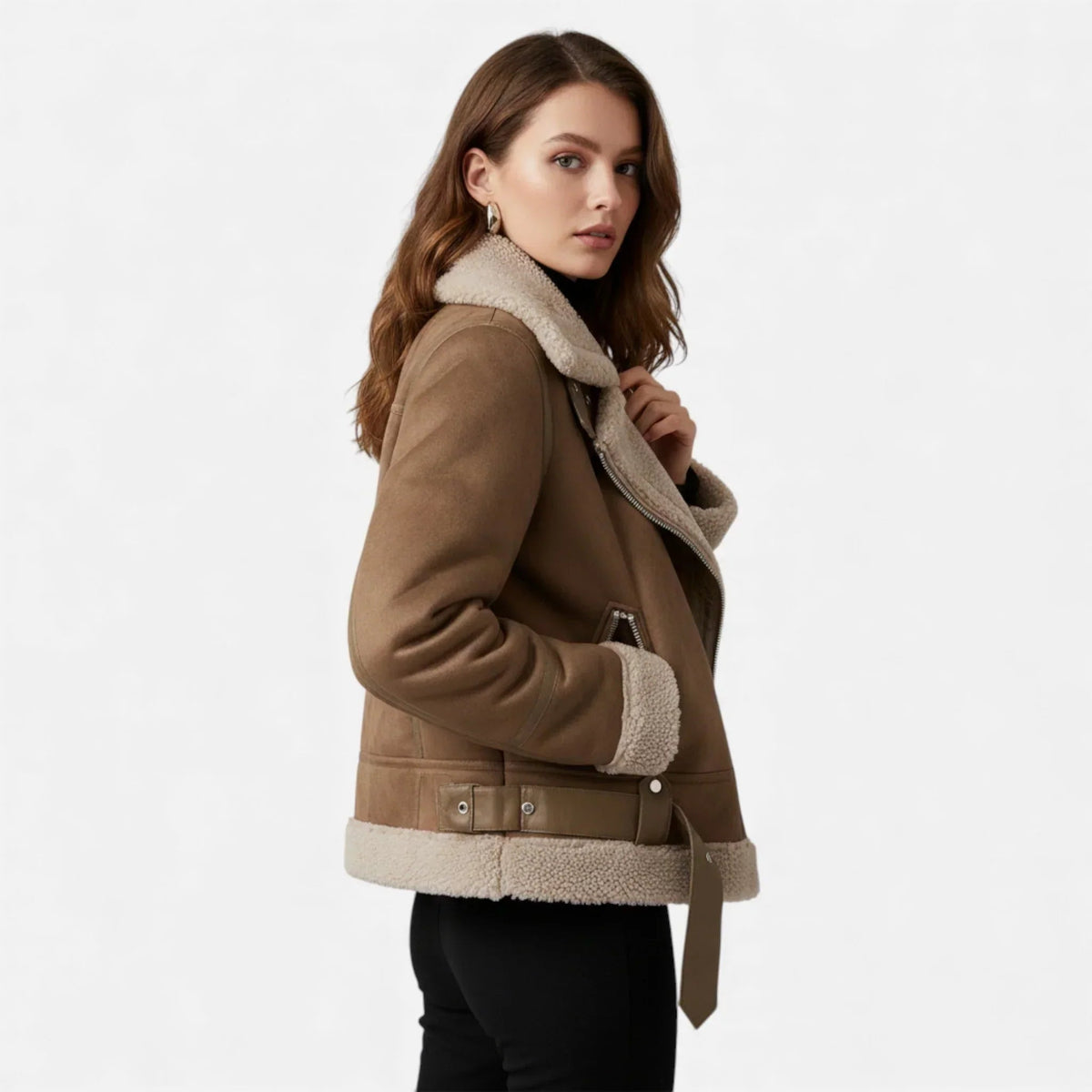 Women’s Faux-Shearling Aviator Jacket – Belted Zip Front – product view 2