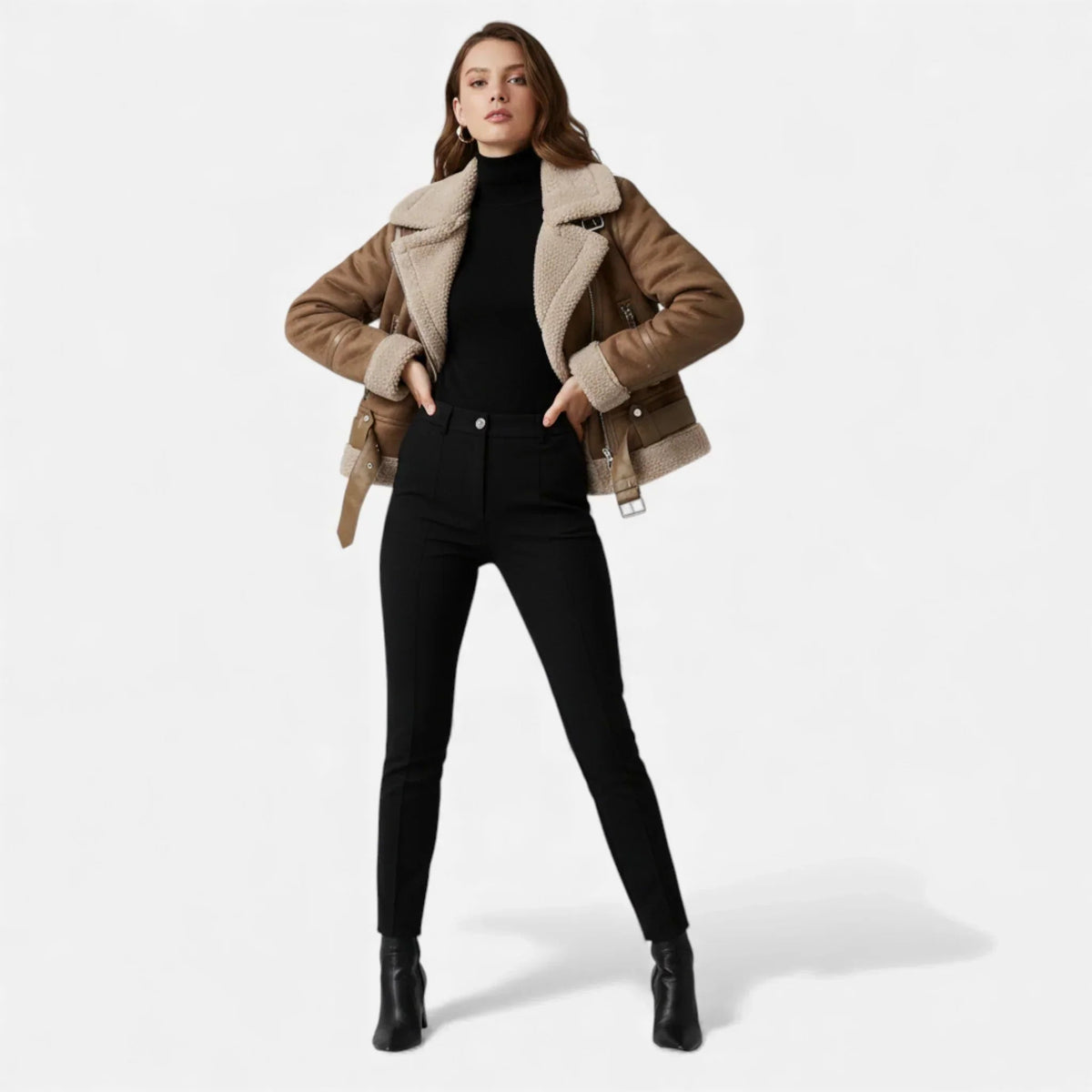 Women’s Faux-Shearling Aviator Jacket – Belted Zip Front – product view 3
