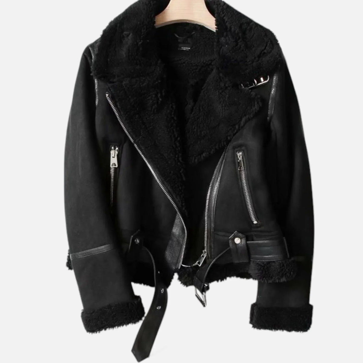 Women’s Faux-Shearling Aviator Jacket – Belted Zip Front – product view 7