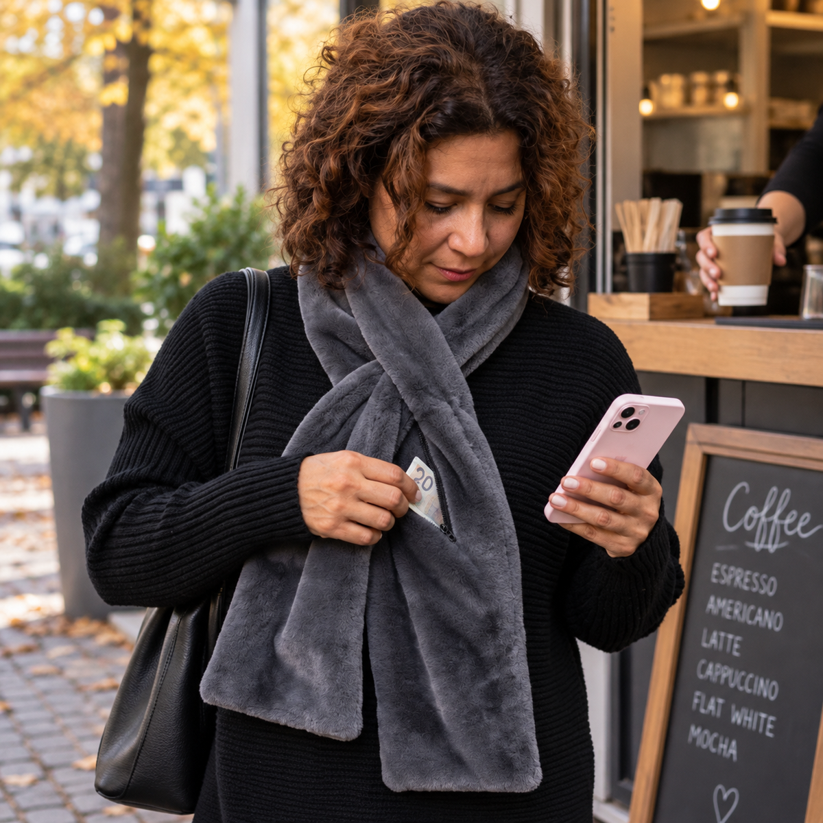 Faux Fur Winter Scarf with Hidden Zip Pocket – detail view 5