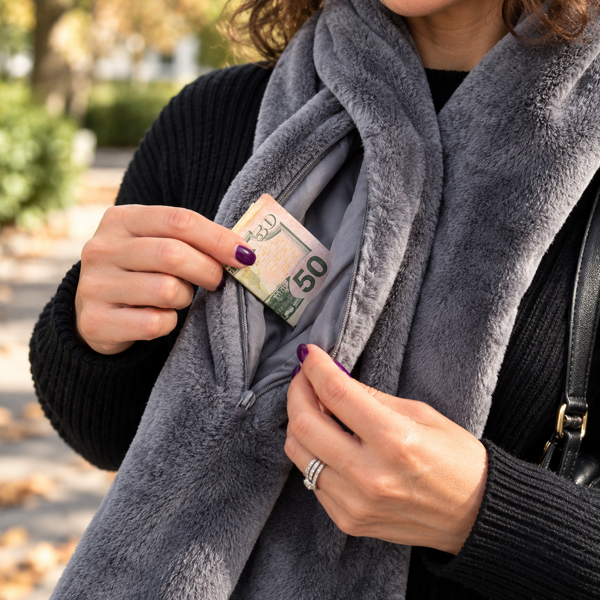 Faux Fur Winter Scarf with Hidden Zip Pocket – detail view 6