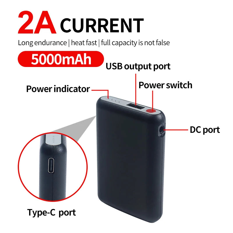 5000mAh Portable Power Bank – USB 5V/2A Output & USB-C Charging