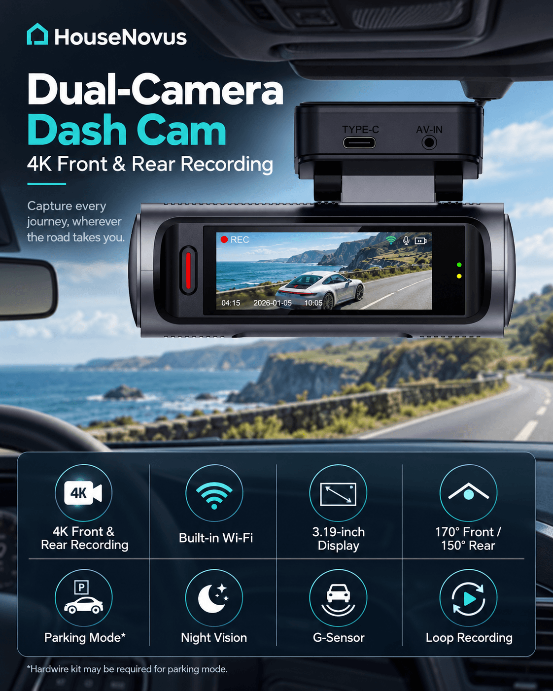 4K Dash Cam Front and Rear with WiFi, 3.19-Inch Screen & Night Recording