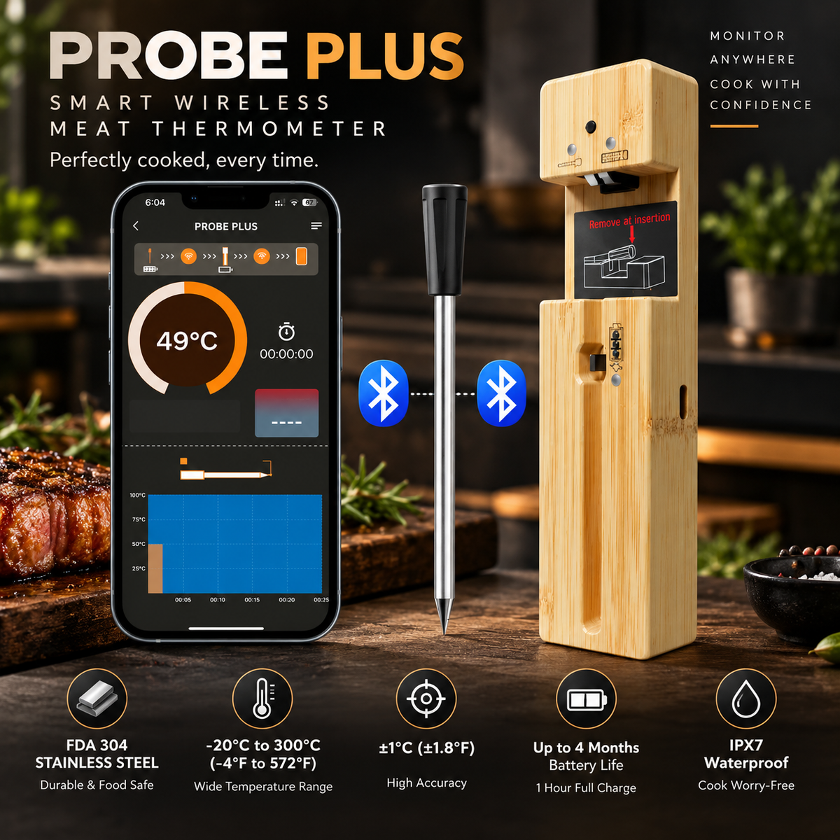 Wireless Bluetooth Meat Thermometer with Charging Base — product view