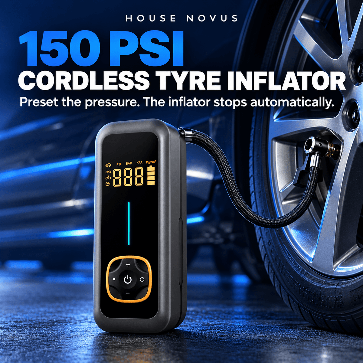 Cordless Tyre Inflator 150 PSI with Auto Stop & Digital Display – HouseNovus DriveAir