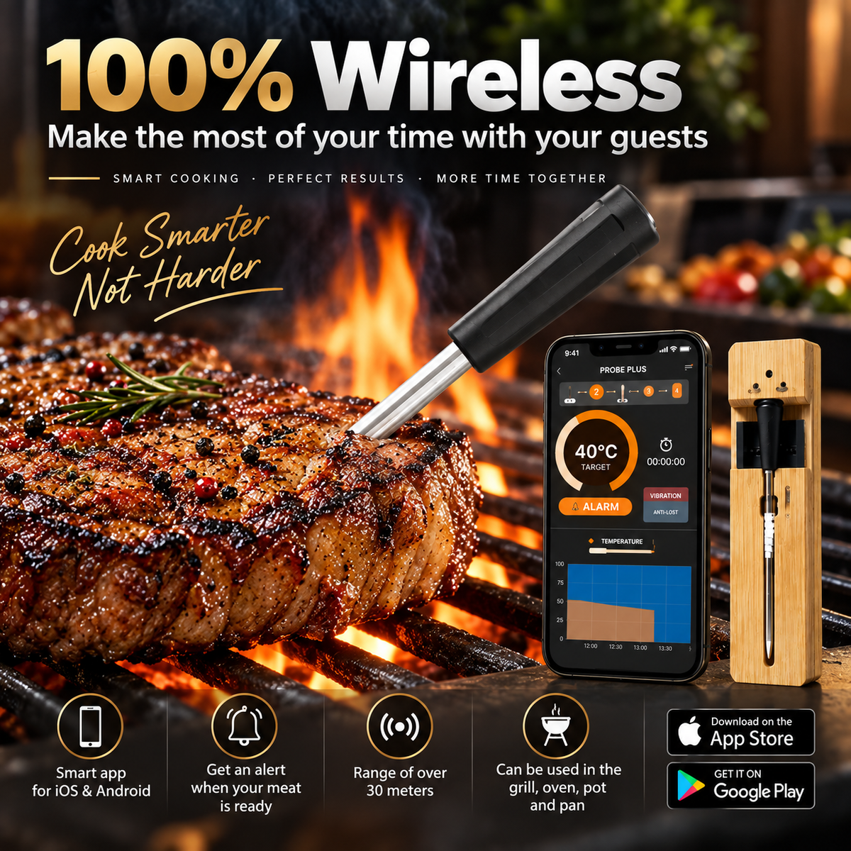 Wireless Bluetooth Meat Thermometer with Charging Base — product view