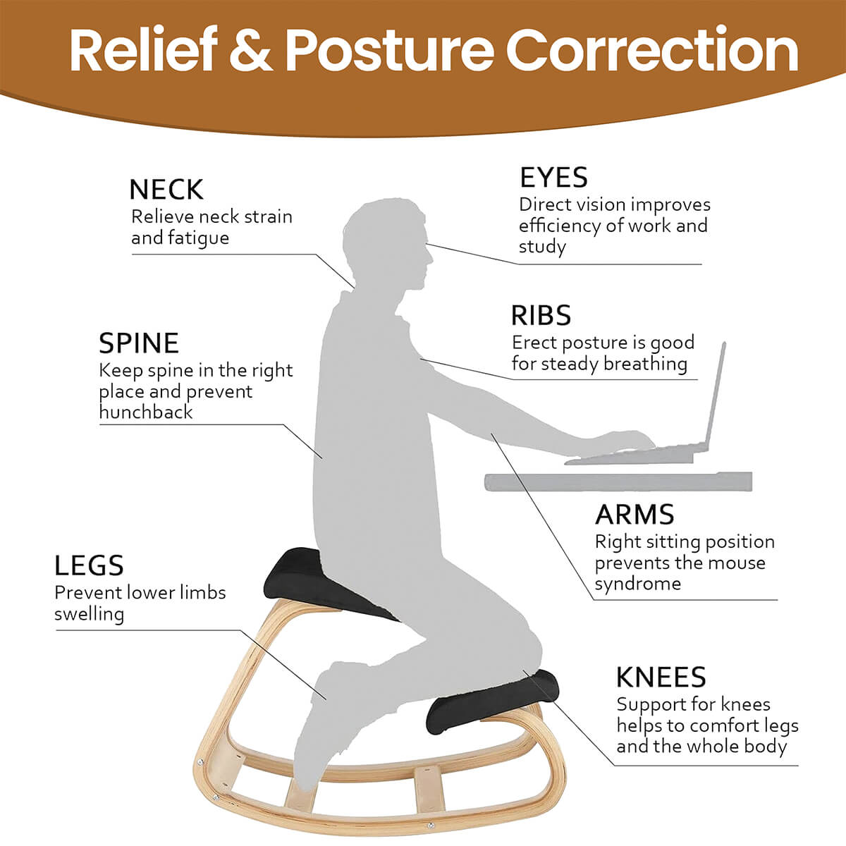 Kneeling Chair with Rocking Wooden Frame and Padded Supports — product view