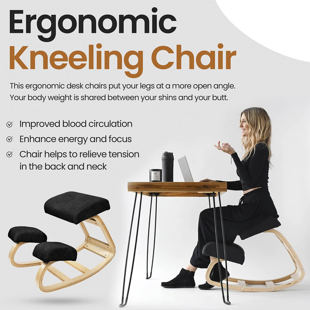 Kneeling Chair with Rocking Wooden Frame and Padded Supports — product view