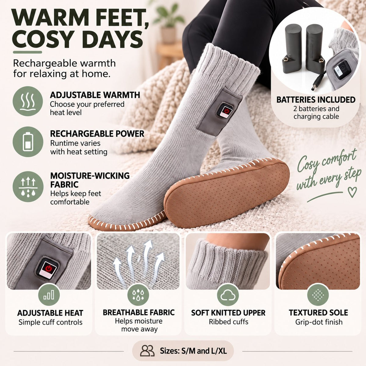 Rechargeable Heated Slipper Socks – Batteries Included – product features
