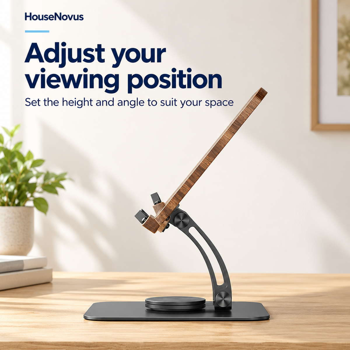 HouseNovus cookbook stand side view showing its adjustable support