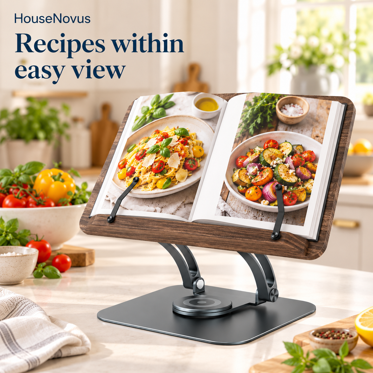 HouseNovus cookbook stand holding an open recipe book on a kitchen worktop – illustrative scene