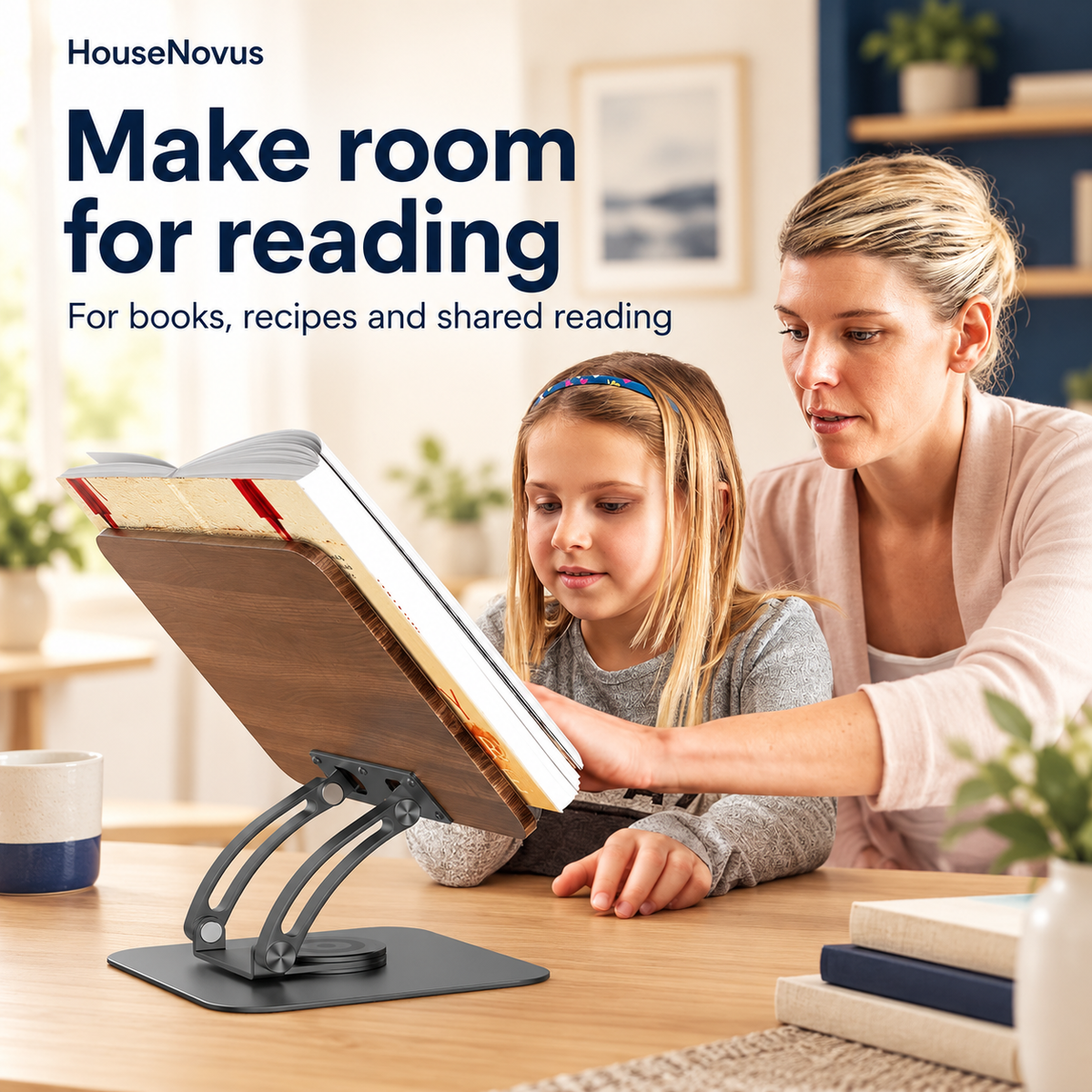HouseNovus book stand used for shared reading – illustrative lifestyle scene