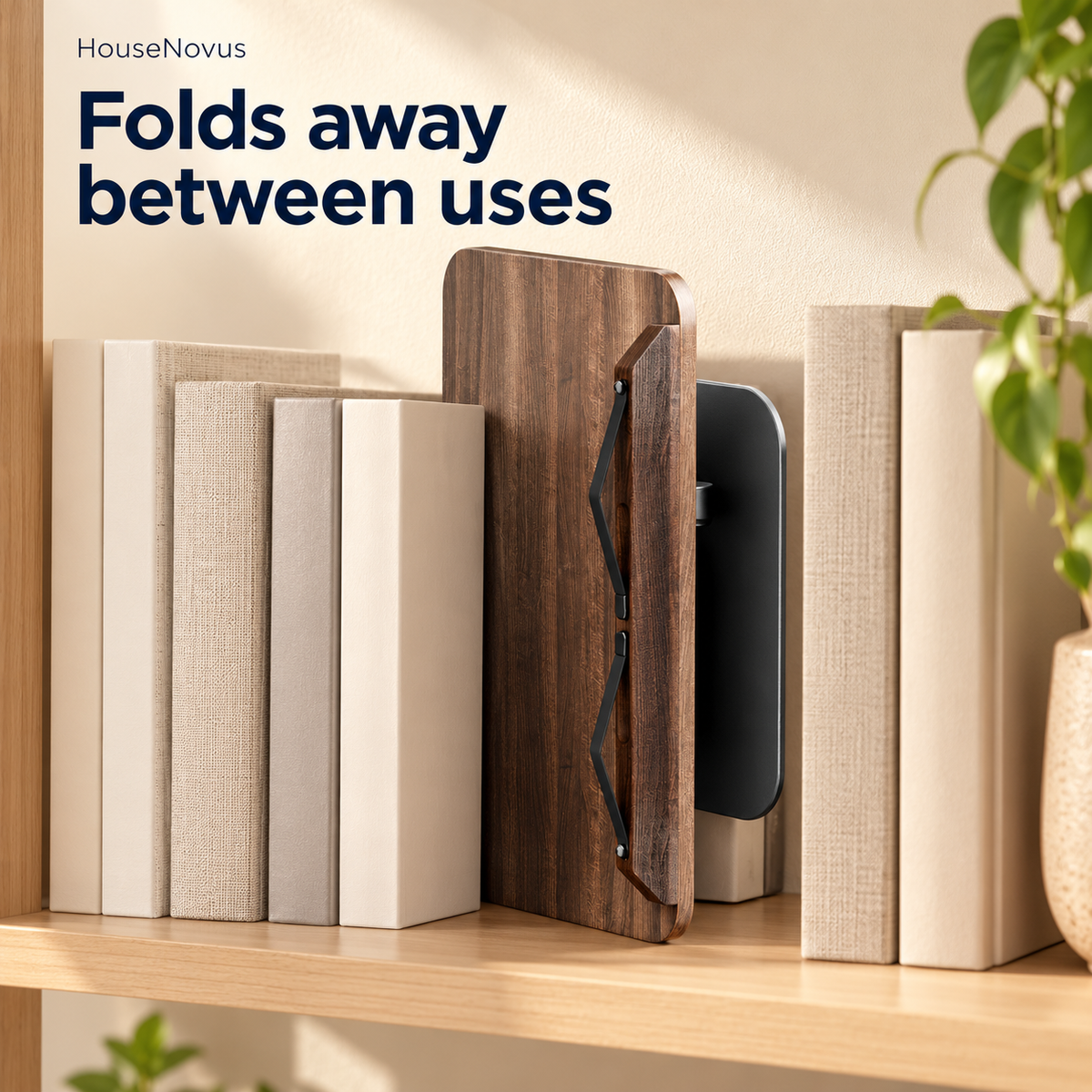 HouseNovus cookbook stand folded for storage between books – illustrative scene