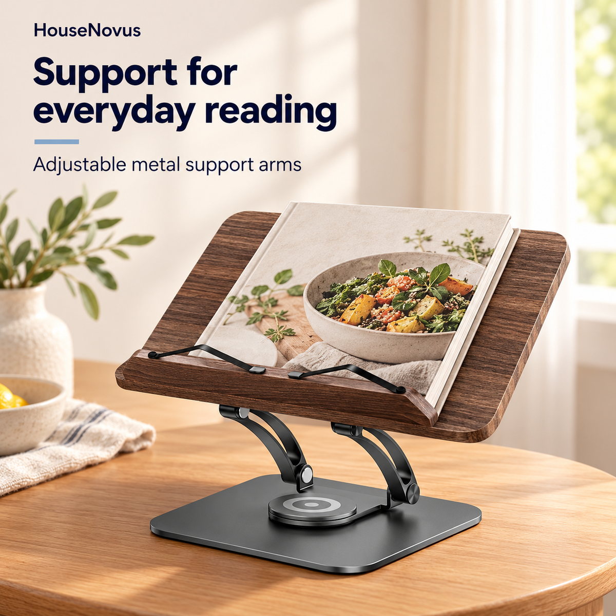HouseNovus cookbook stand with metal support arms holding a recipe book – illustrative scene