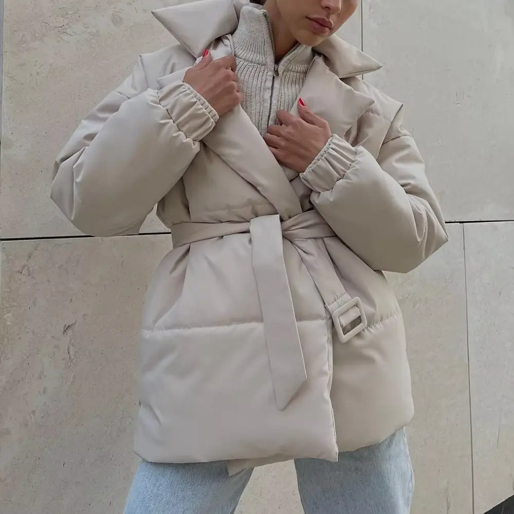 Women’s Belted Puffer Jacket – Padded Wrap Style – product view 2