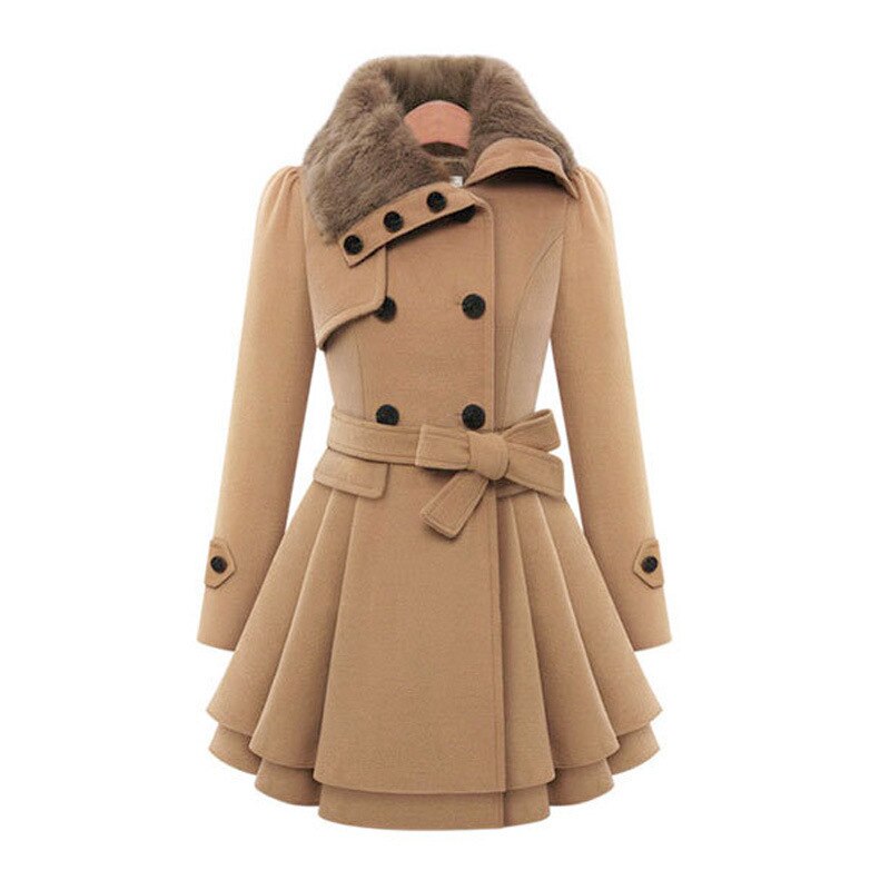 Women’s Faux Fur Collar Belted Coat – Double-Breasted – front view