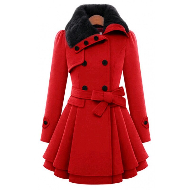 Women’s Faux Fur Collar Belted Coat – Double-Breasted – product view 3