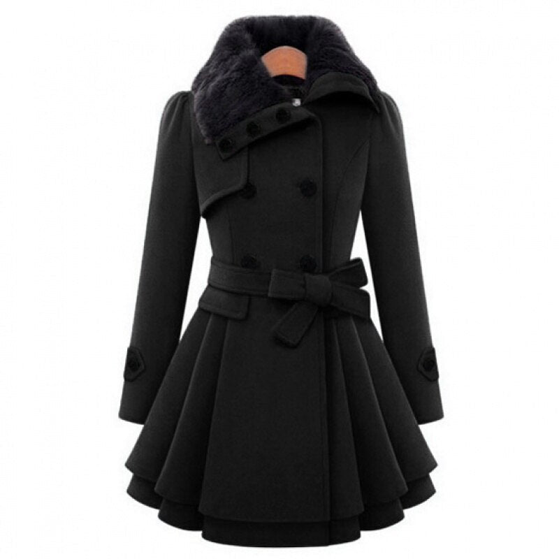 Women’s Faux Fur Collar Belted Coat – Double-Breasted – product view 5