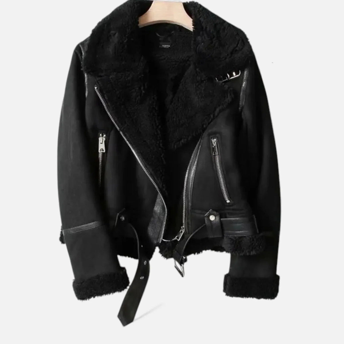 Women’s Faux-Shearling Aviator Jacket – Belted Zip Front – product view 4